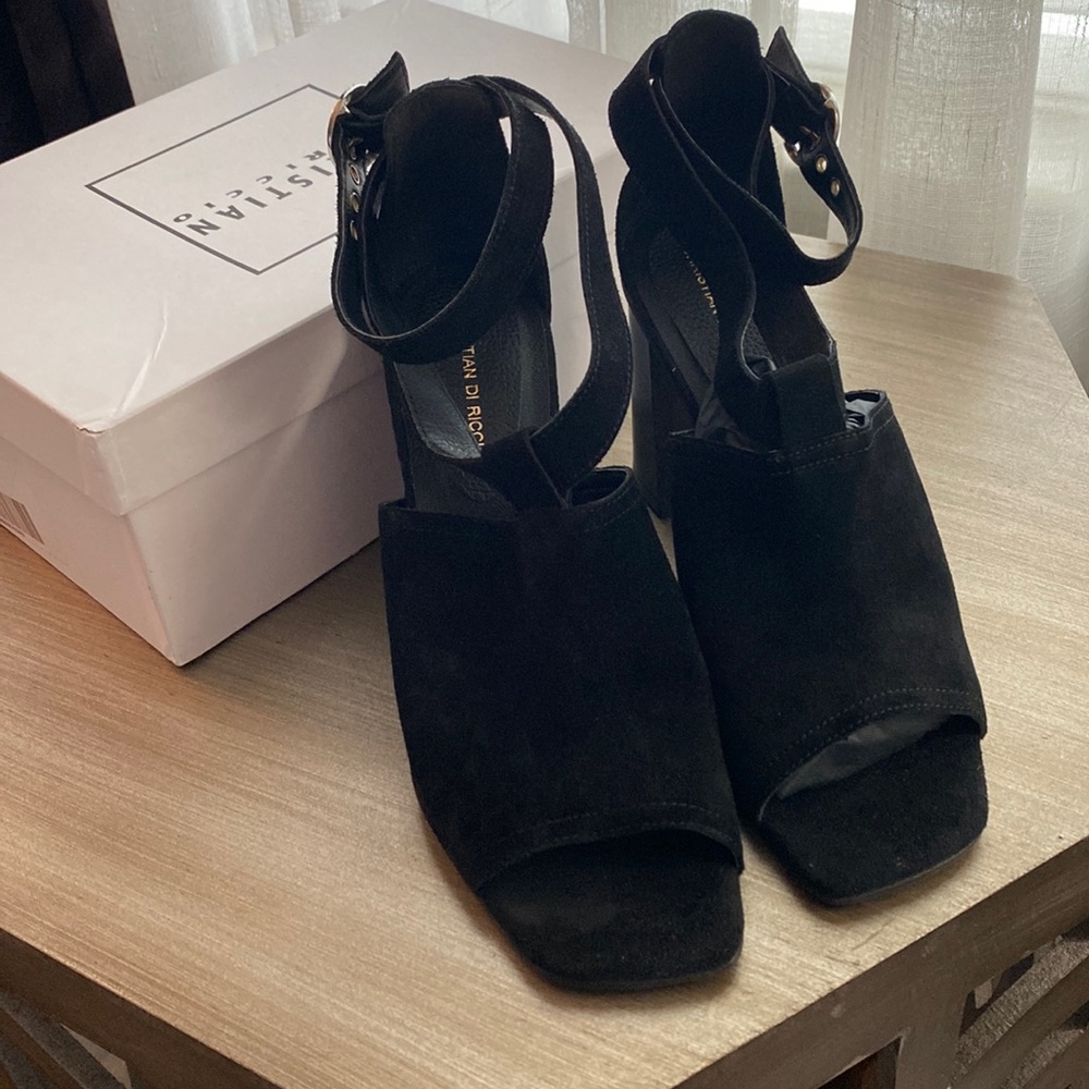 Brand New Christian DI Riccio heels sandals suede leather Italy Black US 9 EU 39